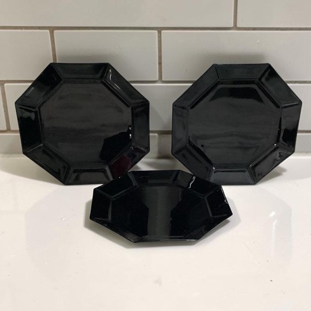 Arcoroc Octime Black Octagon Dinner Plates, Set of 3, Vintage Glass, Dinnerware